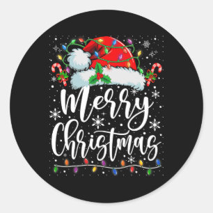 Vrolijk Kerstmis Lichten Rode Kerstman Hoed Xmas F Ronde Sticker