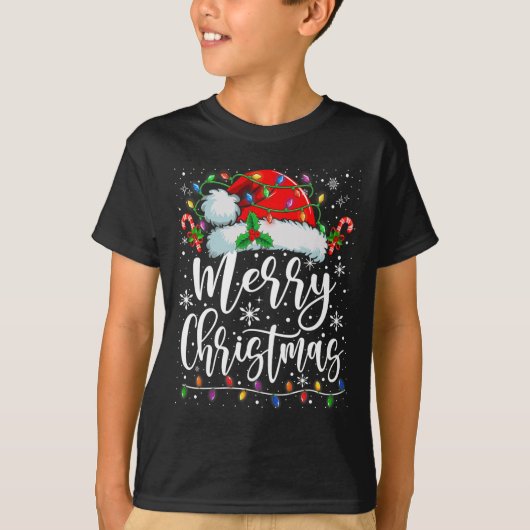 Vrolijk Kerstmis Lichten Rode Kerstman Hoed Xmas F T-shirt (Voorkant)