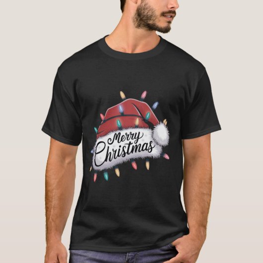 Vrolijk Kerstmis Lichten Rode Kerstman Hoed Xmas F T-shirt (Voorkant)