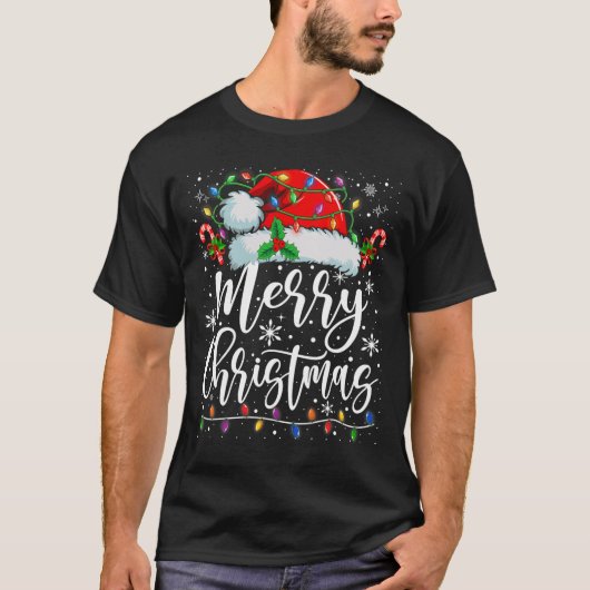 Vrolijk Kerstmis Lichten Rode Kerstman Hoed Xmas F T-shirt (Voorkant)