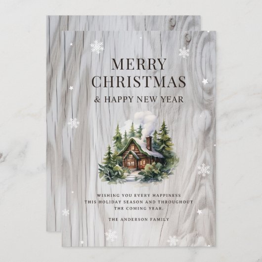 Vrolijk Kerstmis Log Cabin Rustiek Hout Sneeuwvlok Feestdagenkaart (Voorkant / Achterkant)