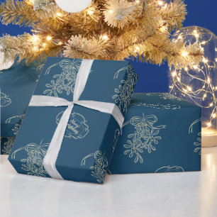 Vrolijk kerstmis maretak kalligrafie blauw cadeaupapier