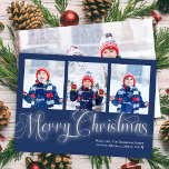 Vrolijk Kerstmis Marine Blauw Foto Collage Script Feestdagenkaart<br><div class="desc">Dit ontwerp is voorzien van een vrolijke kerstkaart,  met marineblauw en zilver,  met kalligrafiepenseelschrift,  een eenvoudig minimalistisch,  trendy typografisch ontwerp met een sjabloon voor multi-fotocollage,  een modern minimalistisch,  klassiek traditioneel,  vakantiefotokaartje,  met stijlvolle hedendaagse stijl.</div>