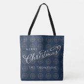 Vrolijk Kerstmis Marine Blauw Zilver Sneeuwvlokken Tote Bag (Voorkant)