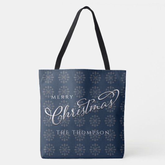 Vrolijk Kerstmis Marine Blauw Zilver Sneeuwvlokken Tote Bag (Voorkant)