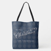 Vrolijk Kerstmis Marine Blauw Zilver Sneeuwvlokken Tote Bag (Achterkant)