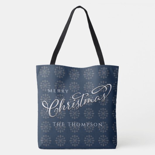 Vrolijk Kerstmis Marine Blauw Zilver Sneeuwvlokken Tote Bag (Achterkant)