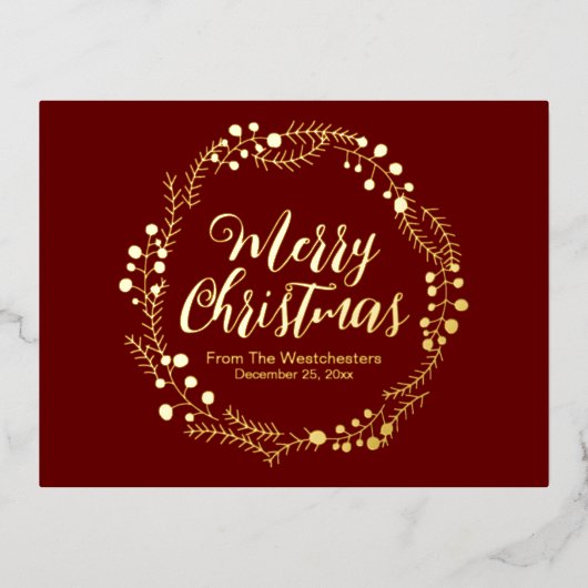 Vrolijk Kerstmis maroon gouden script rustieke kra Folie Feestdagen Briefkaart (Voorkant)