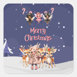 Vrolijk Kerstmis Meisje Rendier Candy Cane Fairies Vierkante Sticker