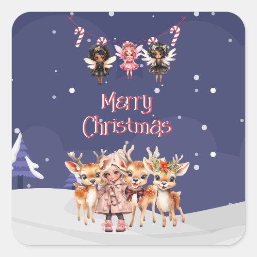 Vrolijk Kerstmis Meisje Rendier Candy Cane Fairies Vierkante Sticker (Voorkant)
