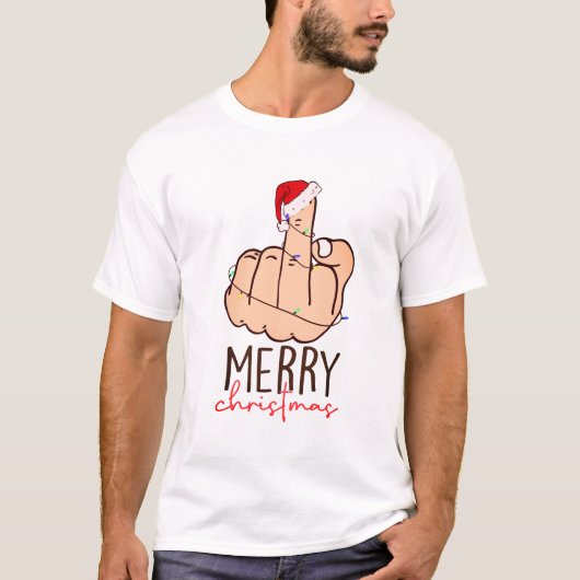 Vrolijk Kerstmis Midden Vinger Santa Hoed T-shirt (Voorkant)