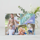 Vrolijk Kerstmis Modern Blauw Plaid Drie Foto (Staand voorkant)