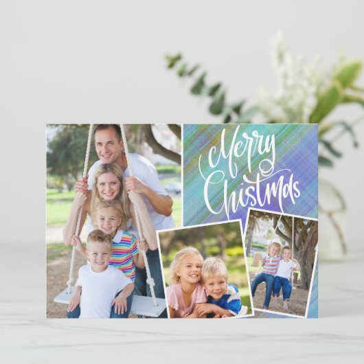 Vrolijk Kerstmis Modern Blauw Plaid Drie Foto (Staand voorkant)