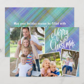 Vrolijk Kerstmis Modern Blauw Plaid Drie Foto (Voorkant / Achterkant)