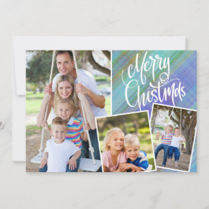 Vrolijk Kerstmis Modern Blauw Plaid Drie Foto