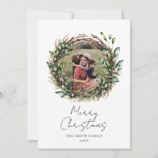 Vrolijk Kerstmis Modern Boho rustieke krans foto Feestdagenkaart (Voorkant)