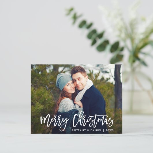 Vrolijk Kerstmis Modern Borstel Script Foto Briefkaart (Staand voorkant)