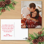 Vrolijk Kerstmis Modern chique script foto Feestdagenkaart<br><div class="desc">elegante vrolijke kerst stijlvol handschrift paar foto Vakantie Briefkaart op de achterkant vakantie bericht</div>