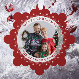 Vrolijk Kerstmis Modern Elegant Familie Foto Rood Ornament Kaart