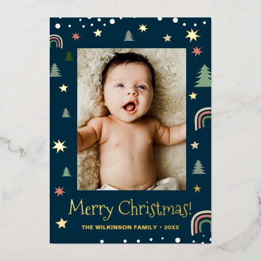 Vrolijk Kerstmis Modern Scandi Blauw Aangepaste fo Folie Feestdagenkaart (Voorkant)