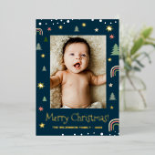 Vrolijk Kerstmis Modern Scandi Blauw Aangepaste fo Folie Feestdagenkaart (Staand Voorkant)