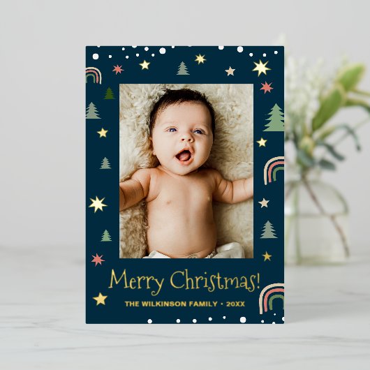 Vrolijk Kerstmis Modern Scandi Blauw Aangepaste fo Folie Feestdagenkaart (Staand Voorkant)