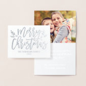 Vrolijk Kerstmis Modern Script Vakantie Foto Zilve Folie Kaarten (Display)