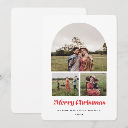 Vrolijk Kerstmis Moderne Boog Multi foto Rood Feestdagenkaart (Voorkant / Achterkant)