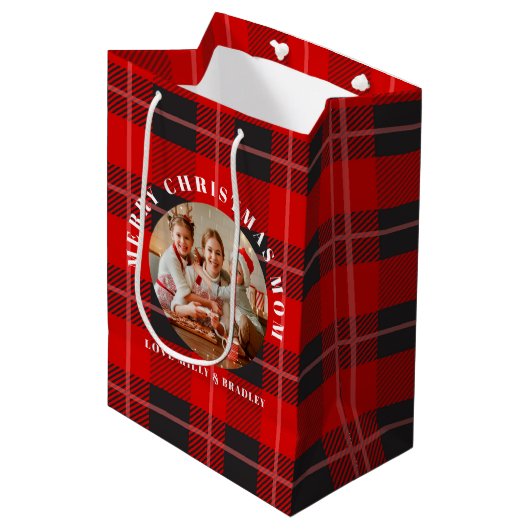 Vrolijk Kerstmis Moeder Rood Plaid Gepersonaliseer Medium Cadeauzakje (Voorkant Gekanteld)