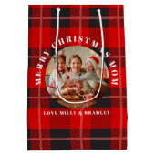 Vrolijk Kerstmis Moeder Rood Plaid Gepersonaliseer Medium Cadeauzakje (Achterkant)