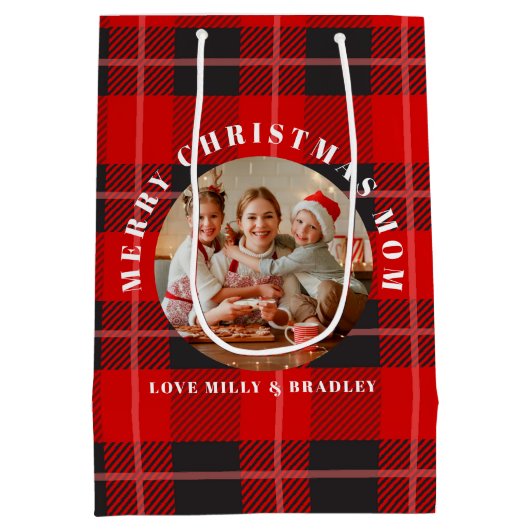 Vrolijk Kerstmis Moeder Rood Plaid Gepersonaliseer Medium Cadeauzakje (Achterkant)