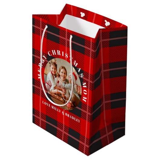 Vrolijk Kerstmis Moeder Rood Plaid Gepersonaliseer Medium Cadeauzakje (Achterkant Gekanteld)
