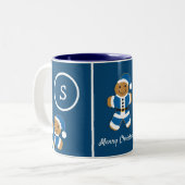 Vrolijk Kerstmis Monogram Gingerbread Santa Blue Tweekleurige Koffiemok (Voorkant links)