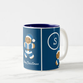 Vrolijk Kerstmis Monogram Gingerbread Santa Blue Tweekleurige Koffiemok