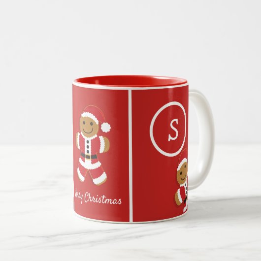 Vrolijk Kerstmis Monogram Gingerbread Santa Red Tweekleurige Koffiemok (Voorkant rechts)