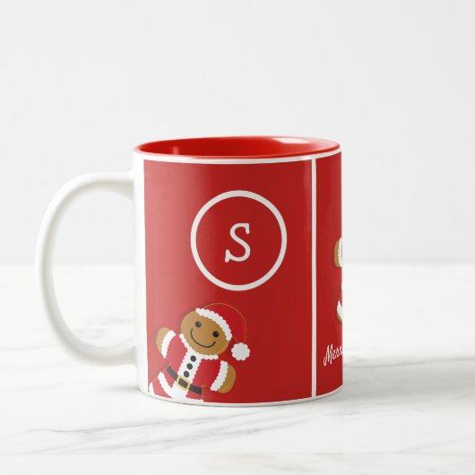Vrolijk Kerstmis Monogram Gingerbread Santa Red Tweekleurige Koffiemok (Links)