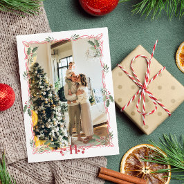 Vrolijk Kerstmis Monogram Holly Berry Foto Feestdagenkaart