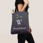 Vrolijk Kerstmis Monogram Modern Eenvoudig Holly Tote Bag (Dichtbij)