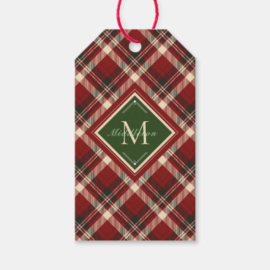 Vrolijk Kerstmis Monogram Rood Plaid Kerstmis Cadeaulabel (Voorkant)