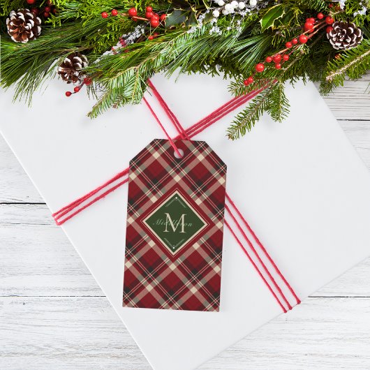 Vrolijk Kerstmis Monogram Rood Plaid Kerstmis Cadeaulabel