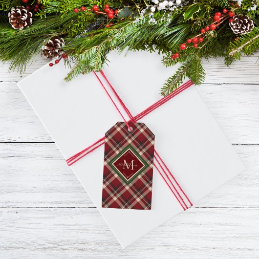 Vrolijk Kerstmis Monogram Rood Plaid Kerstmis Cadeaulabel