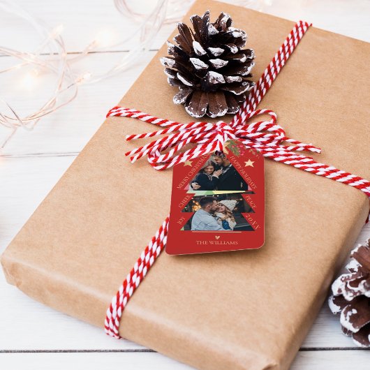 Vrolijk Kerstmis Multi Foto Boom Rode Vakantie Cadeaulabel