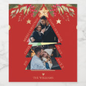 Vrolijk Kerstmis Multi Foto Boom Rode Vakantie Wijn Etiket (Enkel label)