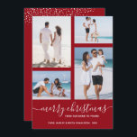 Vrolijk Kerstmis Multi Foto Cranberry Feestdagenkaart<br><div class="desc">Upload uw favoriete 4 foto's naar deze kerstkaart met uw groet in chique belettering op een cranberryrode achtergrond (of een andere kleur). Selecteer Matte voor het zwaarste papier en High Definition voor de beste fotokwaliteit. MEER KLEUREN voor u gedaan in onze winkel.</div>