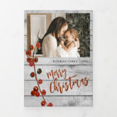 Vrolijk Kerstmis multi foto familie rustiek hout Drieluik Wenskaart (Cover)