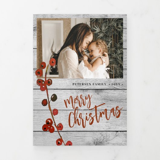 Vrolijk Kerstmis multi foto familie rustiek hout Drieluik Wenskaart (Cover)