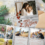 Vrolijk Kerstmis multi foto familie rustiek hout Drieluik Wenskaart<br><div class="desc">Rustieke landelijke stijl Vrolijk kerstrood geborsteld script familiejaar in review 8 fotocollage galerij grijs schuur hout vakantie kaart met uw aangepaste gepersonaliseerde tekst.</div>