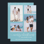 Vrolijk Kerstmis Multi Foto Feestdagenkaart<br><div class="desc">Upload uw favoriete 4 foto's naar deze kerstkaart met uw groet in chique belettering op een lichte turquoise achtergrond (of elke kleur) met kerstkaart. Selecteer Matte voor het zwaarste papier en High Definition voor de beste fotokwaliteit. MEER KLEUREN voor u gedaan in onze winkel.</div>