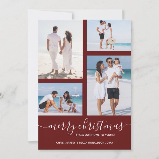 Vrolijk Kerstmis Multi Foto Maroon Feestdagenkaart (Voorkant)