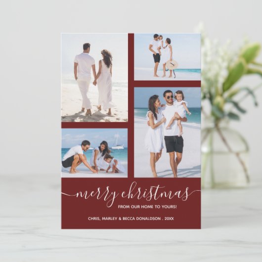 Vrolijk Kerstmis Multi Foto Maroon Feestdagenkaart (Staand voorkant)